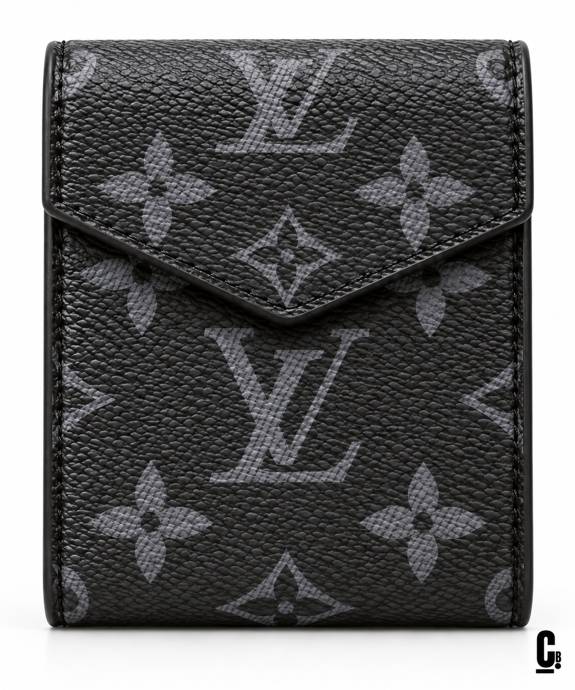 Shadow Monogram Wallet – Charcoal – flap and texture detail studio view