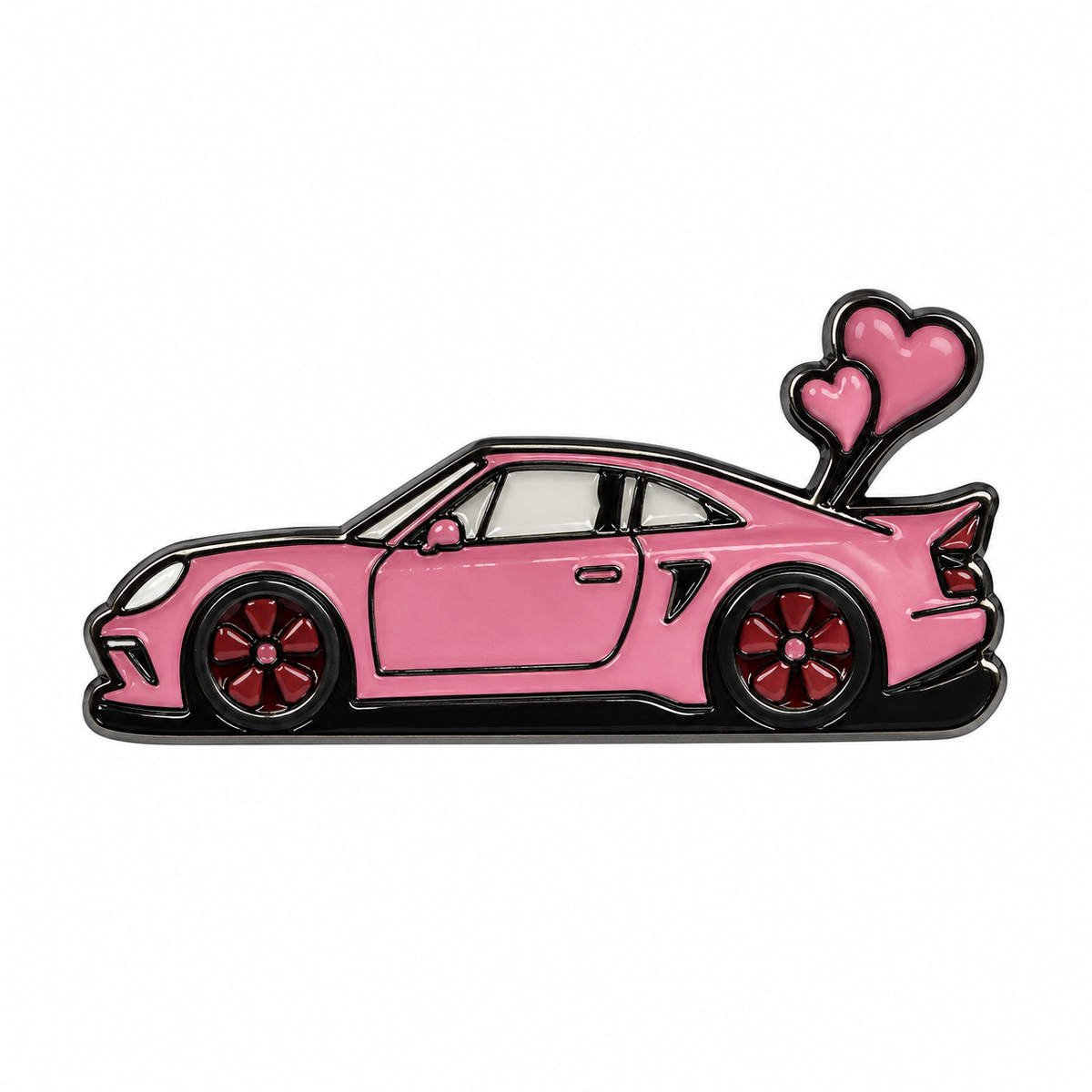 Pink Sports Car with Hearts Metal Sticker