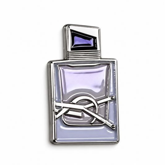 Silver YSL Perfume Metal Sticker on white background