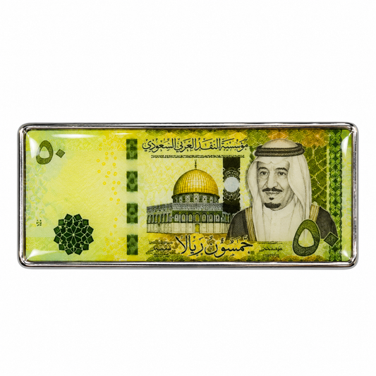Yellow Saudi Riyal Banknote Metal Sticker on a white background