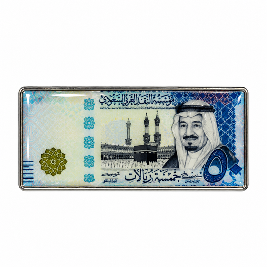 Blue Saudi Riyal Banknote Metal Sticker on a white background
