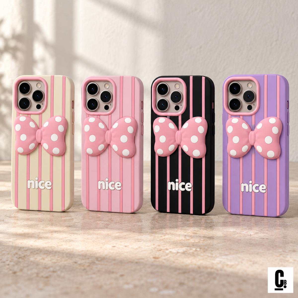 Bow Nice Soft Cases in cream, pink, black and lavender