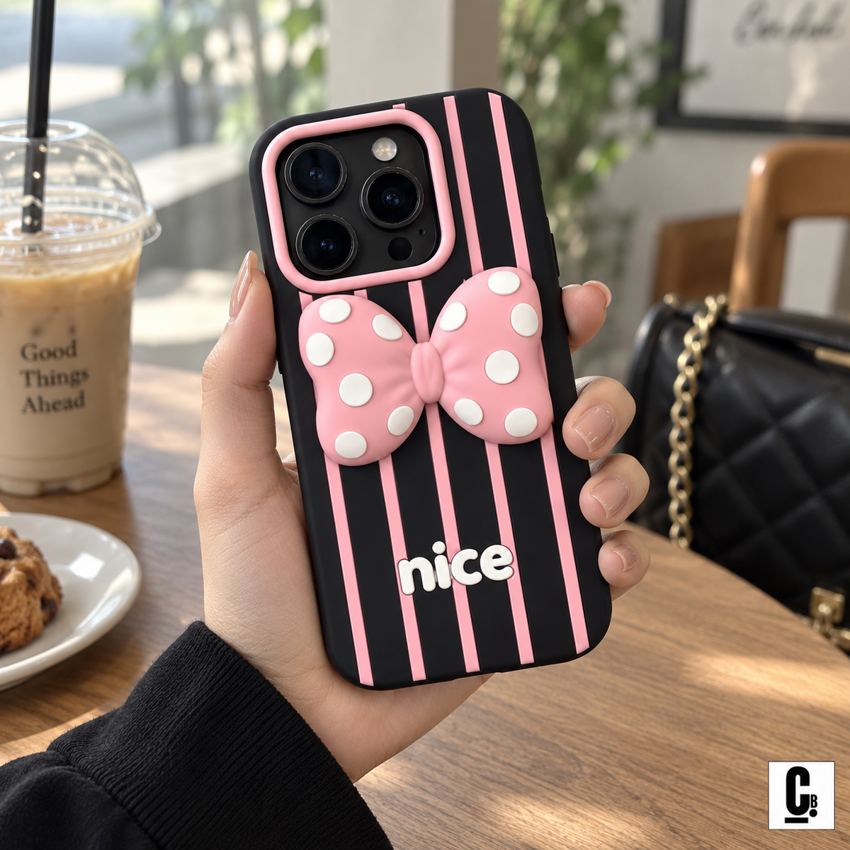 Black and pink Bow Nice Soft case held in hand