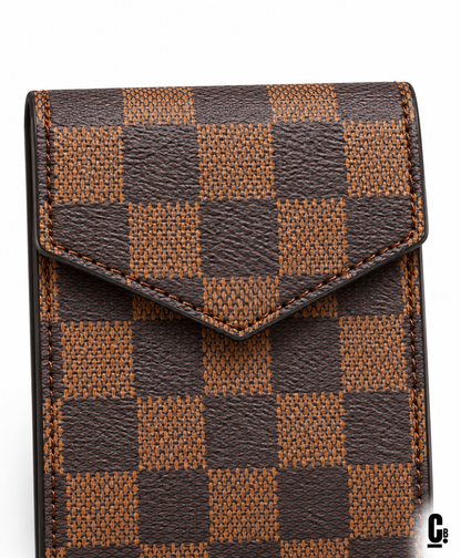 Checkmate Wallet – Brown – flap and texture detail studio view