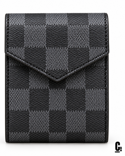 Checkmate Wallet – Graphite – flap and texture detail studio view