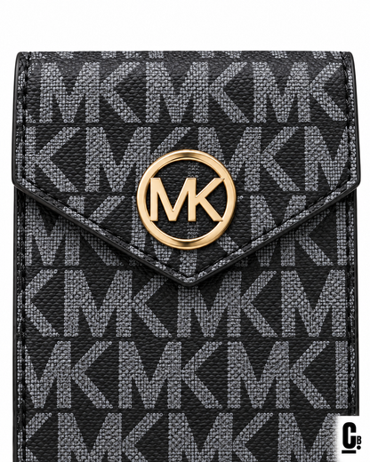 Circle Monogram Wallet – Black – flap and texture detail studio view