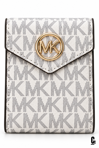 Circle Monogram Wallet – White – flap and texture detail studio view
