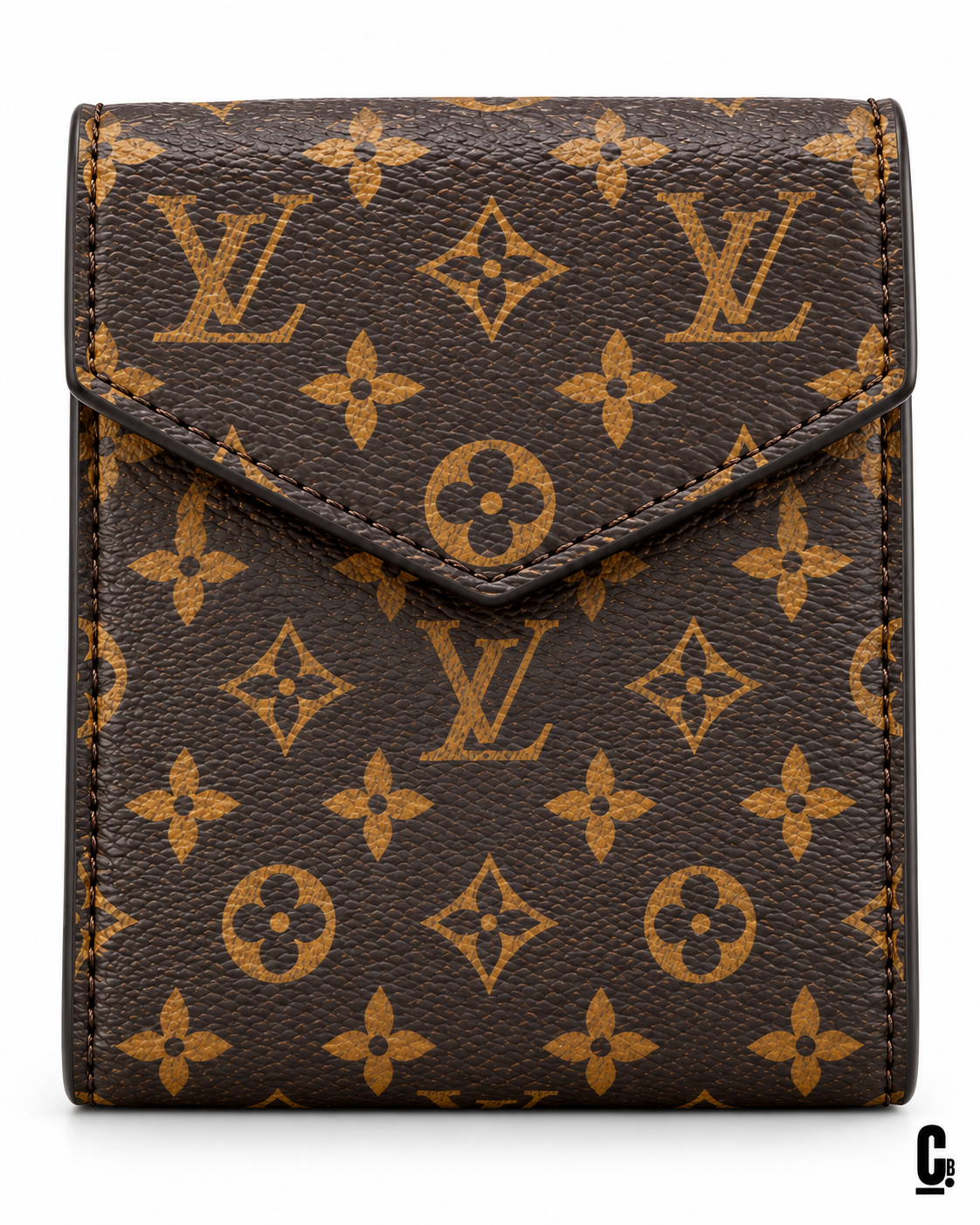 Classic Monogram Wallet – Brown – flap and texture detail studio view