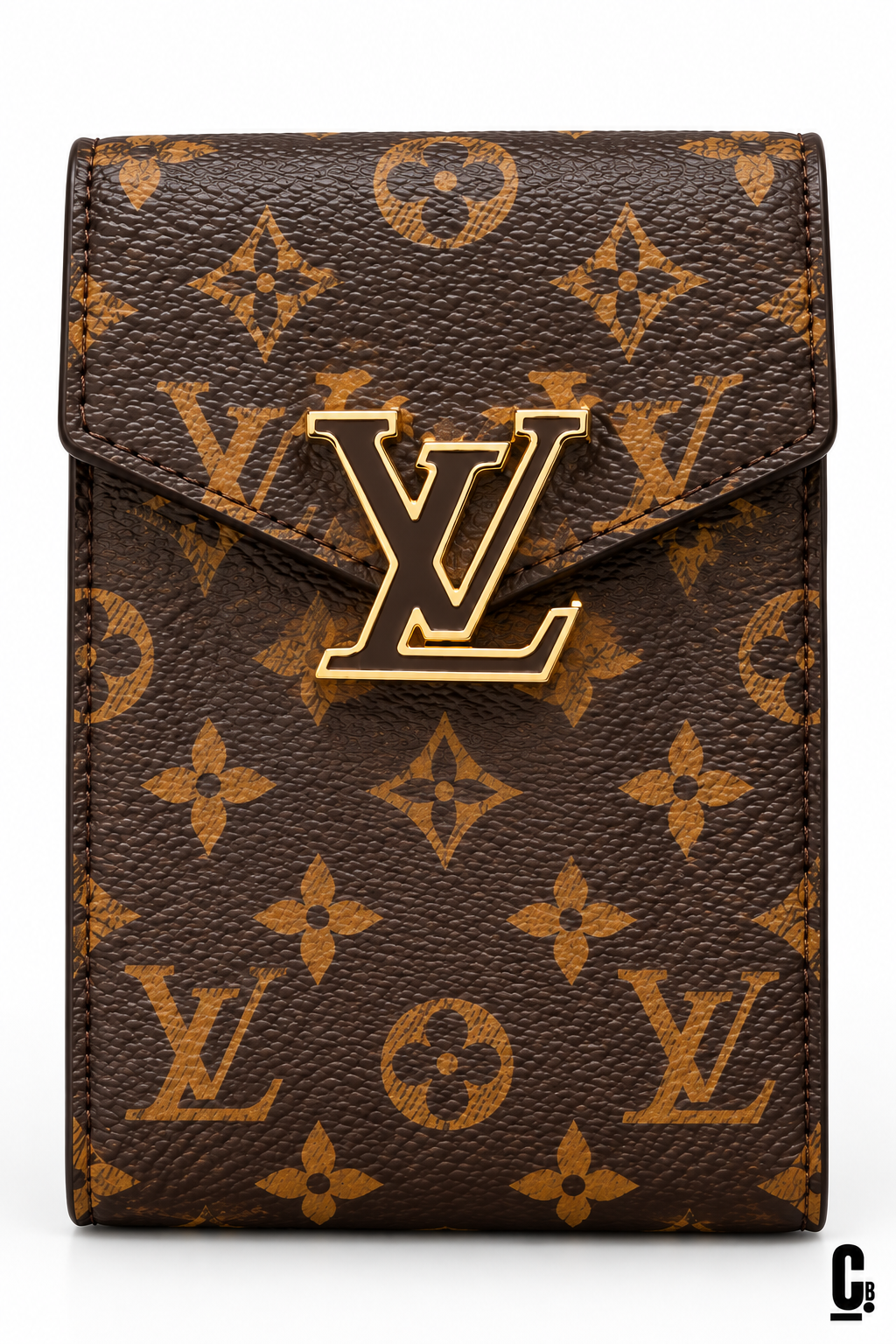 Crest Monogram Wallet – Brown – flap and texture detail studio view