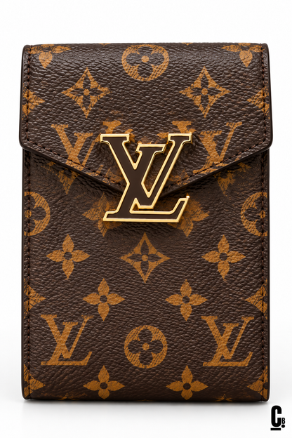 Crest Monogram Wallet – Brown – flap and texture detail studio view