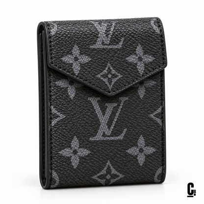 Shadow Monogram Wallet – Charcoal – angled studio view