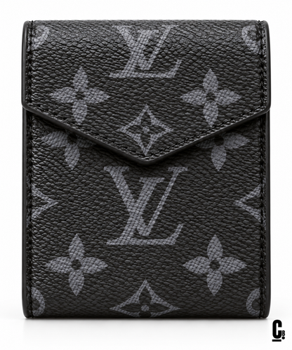 Shadow Monogram Wallet – Charcoal – flap and texture detail studio view