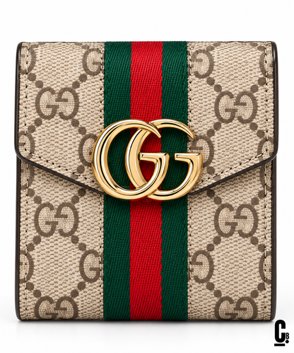 Signature Stripe Wallet – Beige – flap and texture detail studio view