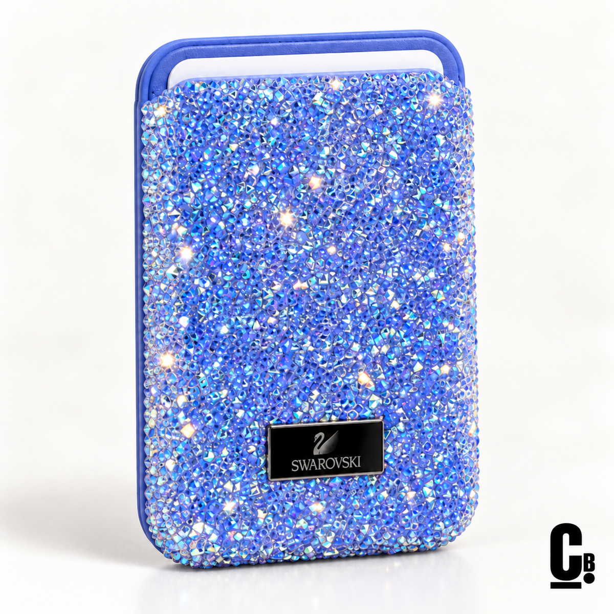 Blue Aurora Crystal MagSafe wallet with CustomBay logo