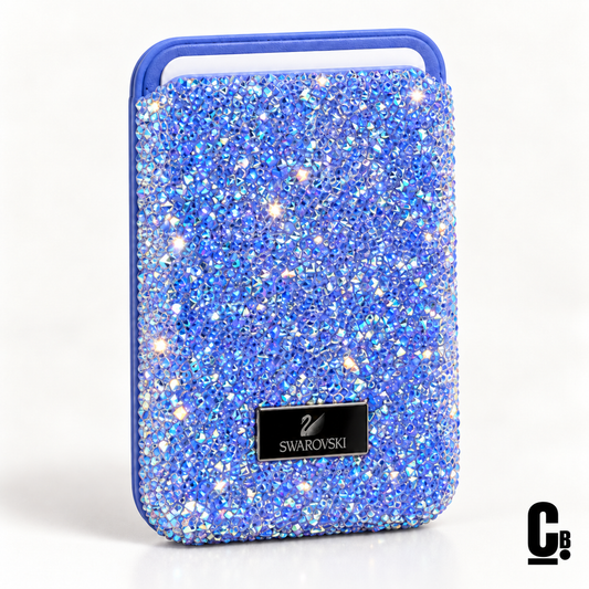 Blue Aurora Crystal MagSafe wallet with CustomBay logo