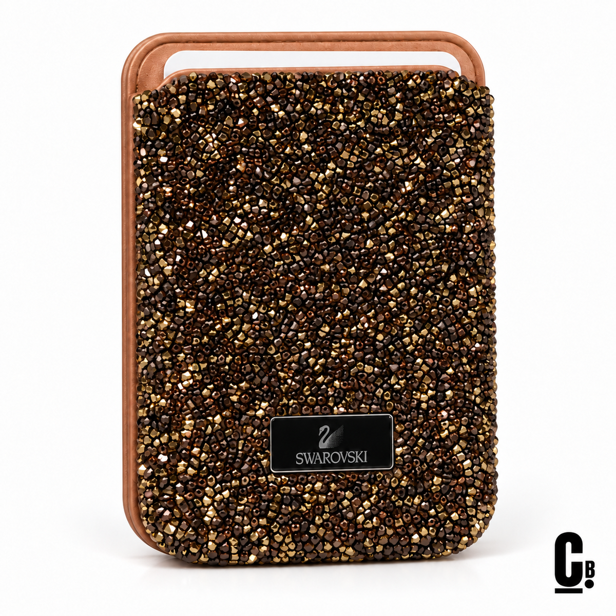 Aurora Crystal MagSafe Wallet – Bronze photographed with the CustomBay logo