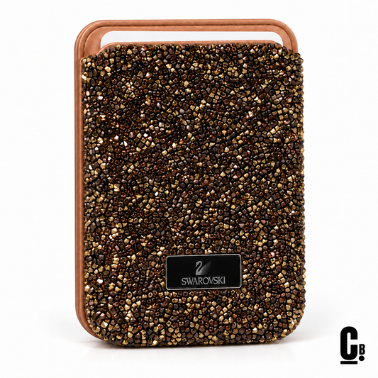Aurora Crystal MagSafe Wallet – Bronze photographed with the CustomBay logo